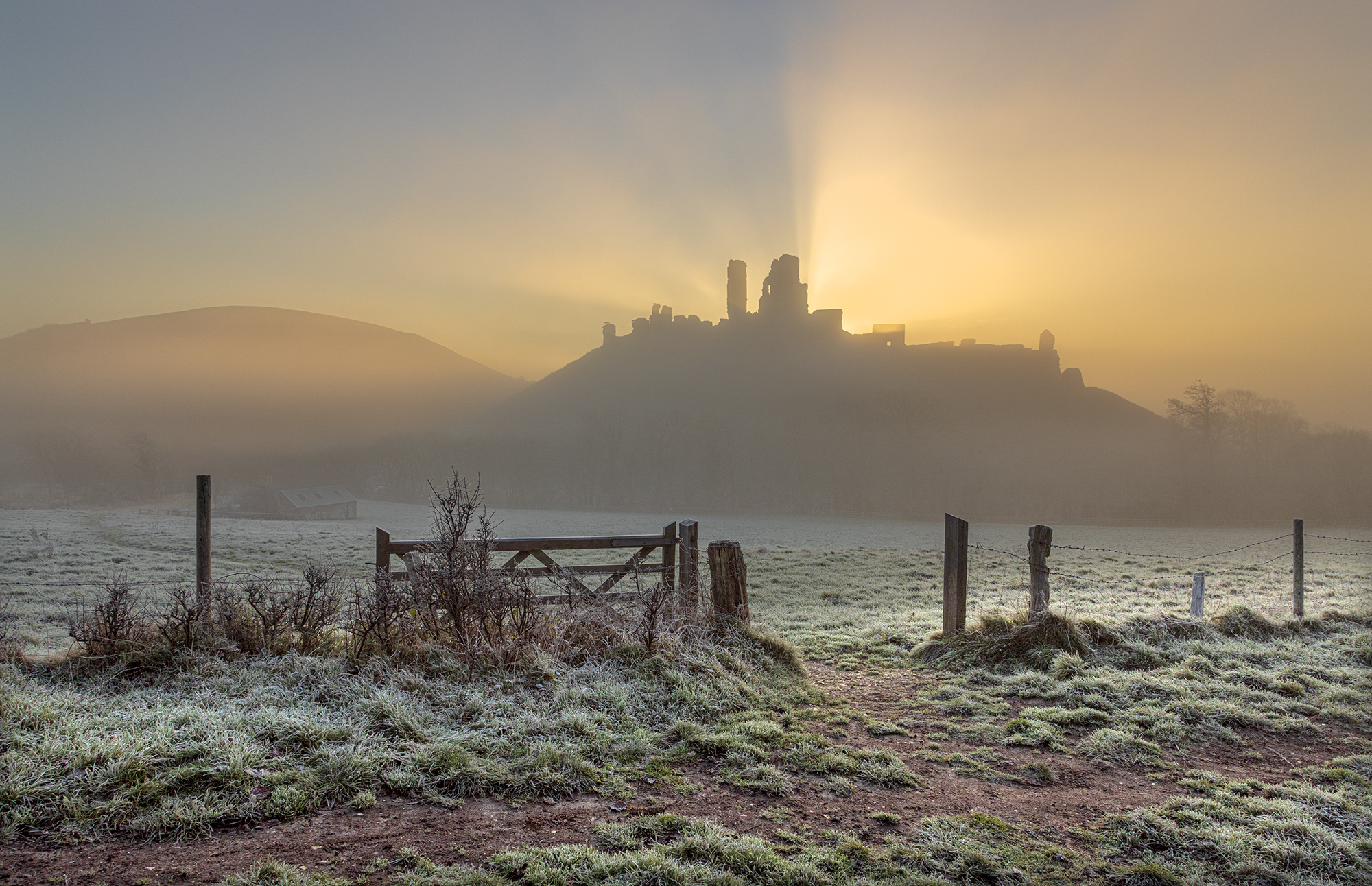 Misty Sunrise Corfe Castle Contre Jour By Richard Broomfield LRPS