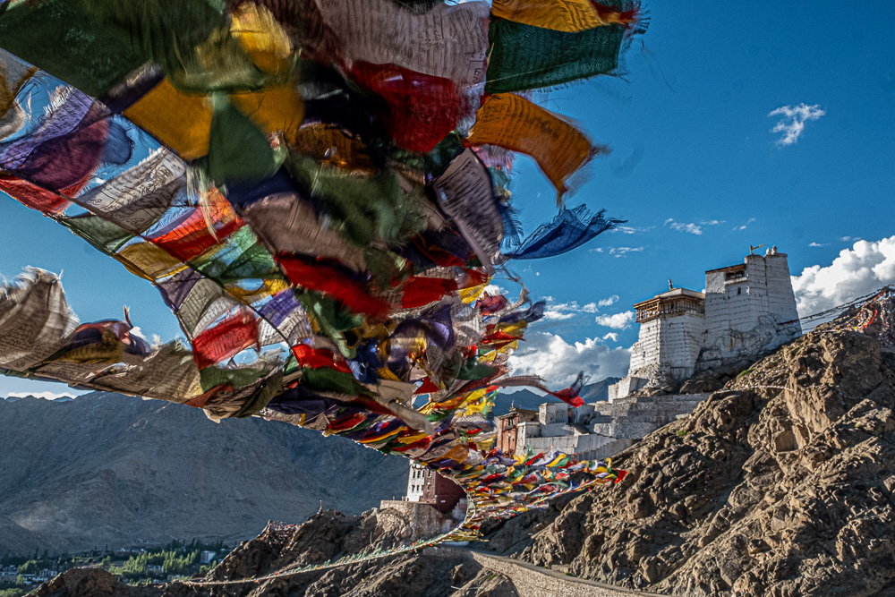 Prayer Flags Over Shanti Stupa, Ladakh, by Jane Tearle